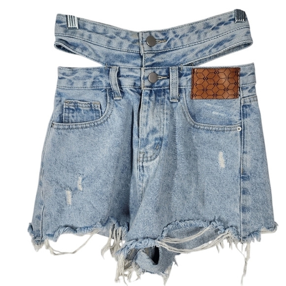 BY FLOW DOUBLE WAIST BAND DENIM SHORTS - Picture 1 of 11